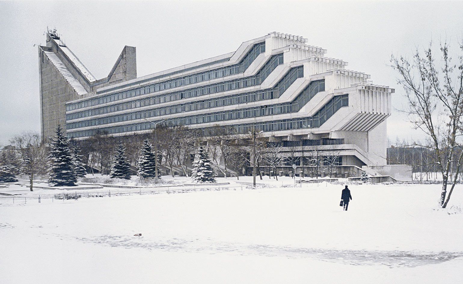 brutalist building in snow