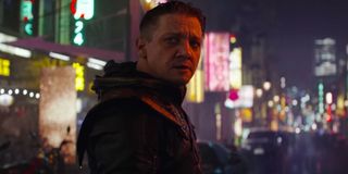 Avengers: Endgame Jeremy Renner sadly standing in the rain