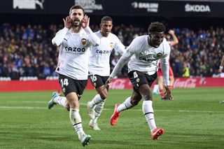 Jose Luis Gaya celebrates a goal for Valencia against Almeria at Mestalla in January 2023.