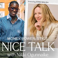 A photo of Nikki Ogunnaike with an inset photo of Erin Walsh and text reading Money. Power. Style. Nice Talk with Nikki Ogunnaike