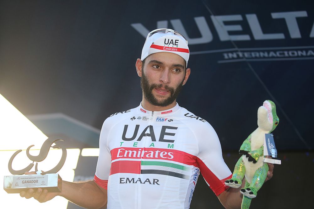Fernando Gaviria on the stage 1 podium in San Juan