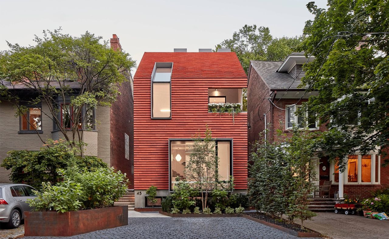 Contemporary exterior of new built Tile House, a Toronto suburban home