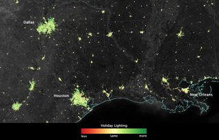 Image, created using data from the NOAA-NASA Suomi NPP satellite, showing how lights across Texas and Louisiana shine more brightly in December than they do during the rest of the year.