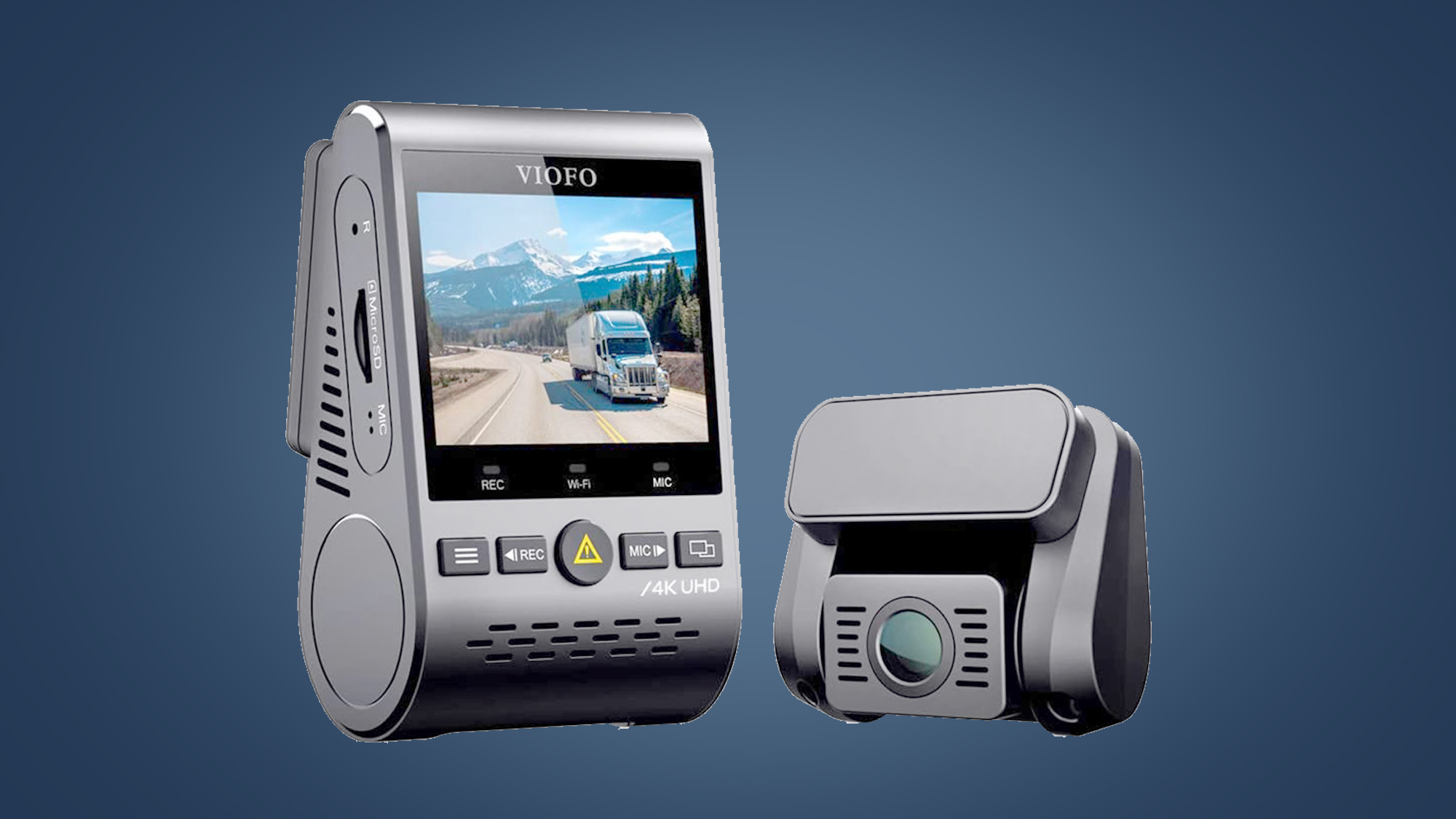 The Viofo A129 Pro Duo, one of the best dash cam, on a blue background