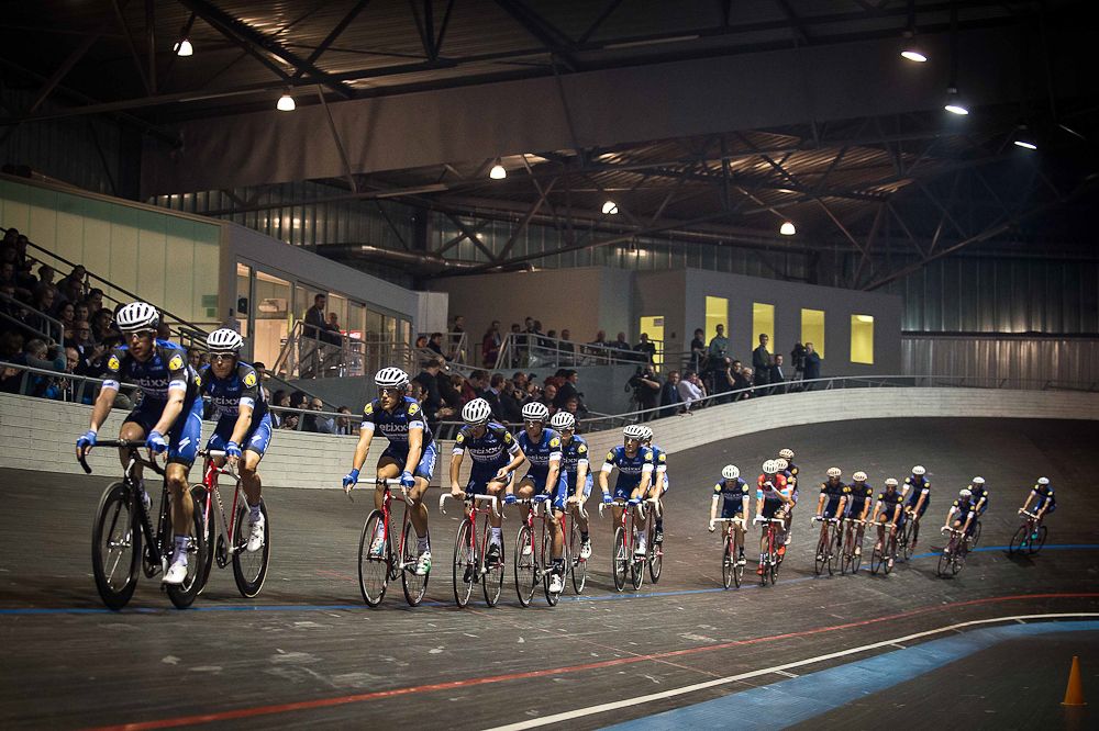 Etixx-QuickStep round the Eddy Merckx velodrome at the team presentation.