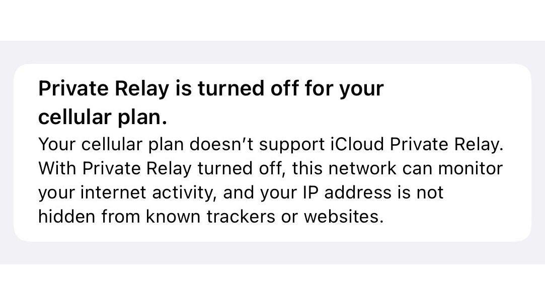 A screenshot of unavailable Private Relay