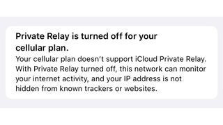 A screenshot of unavailable Private Relay