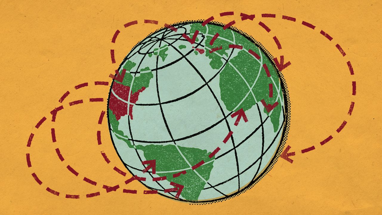 Vintage-style illustration of the earth on a bright yellow background, with Britain and USA highlighted in red. Multiple red arrows point from both countries to the rest of the world.