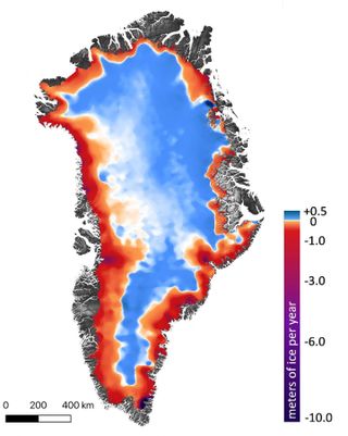 This map shows the amount of ice gained or lost by Greenland between 2003 and 2019. Dark reds and purples show large rates of ice loss near the coasts. Blues show smaller rates of ice gain in the interior of the ice sheet.
