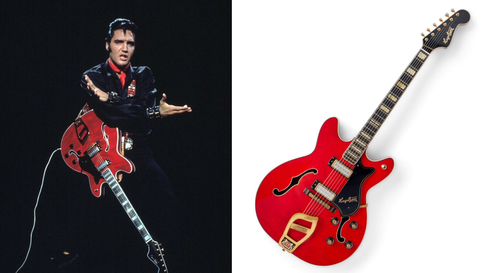 A photo of Elvis with a guitar. 