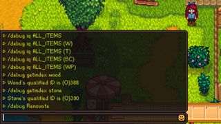 The Stardew Valley Console Command menu made accessible in Patch 1.6.9. The chat window has a long list of various cheats and debug commands typed in it.