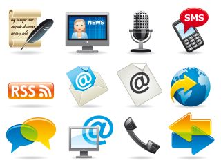 Illustration of various Internet icons, including RSS, cell phone, display, speech bubbles
