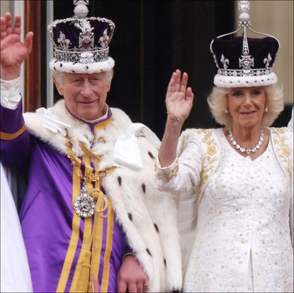 King Charles III and Queen Camilla waves from The Buckingham Palace balcony during the Coronation of King Charles III and Queen Camilla on May 06, 2023 in London, England. The Coronation of Charles III and his wife, Camilla, as King and Queen of the United Kingdom of Great Britain and Northern Ireland, and the other Commonwealth realms takes place at Westminster Abbey today. Charles acceded to the throne on 8 September 2022, upon the death of his mother, Elizabeth II. 