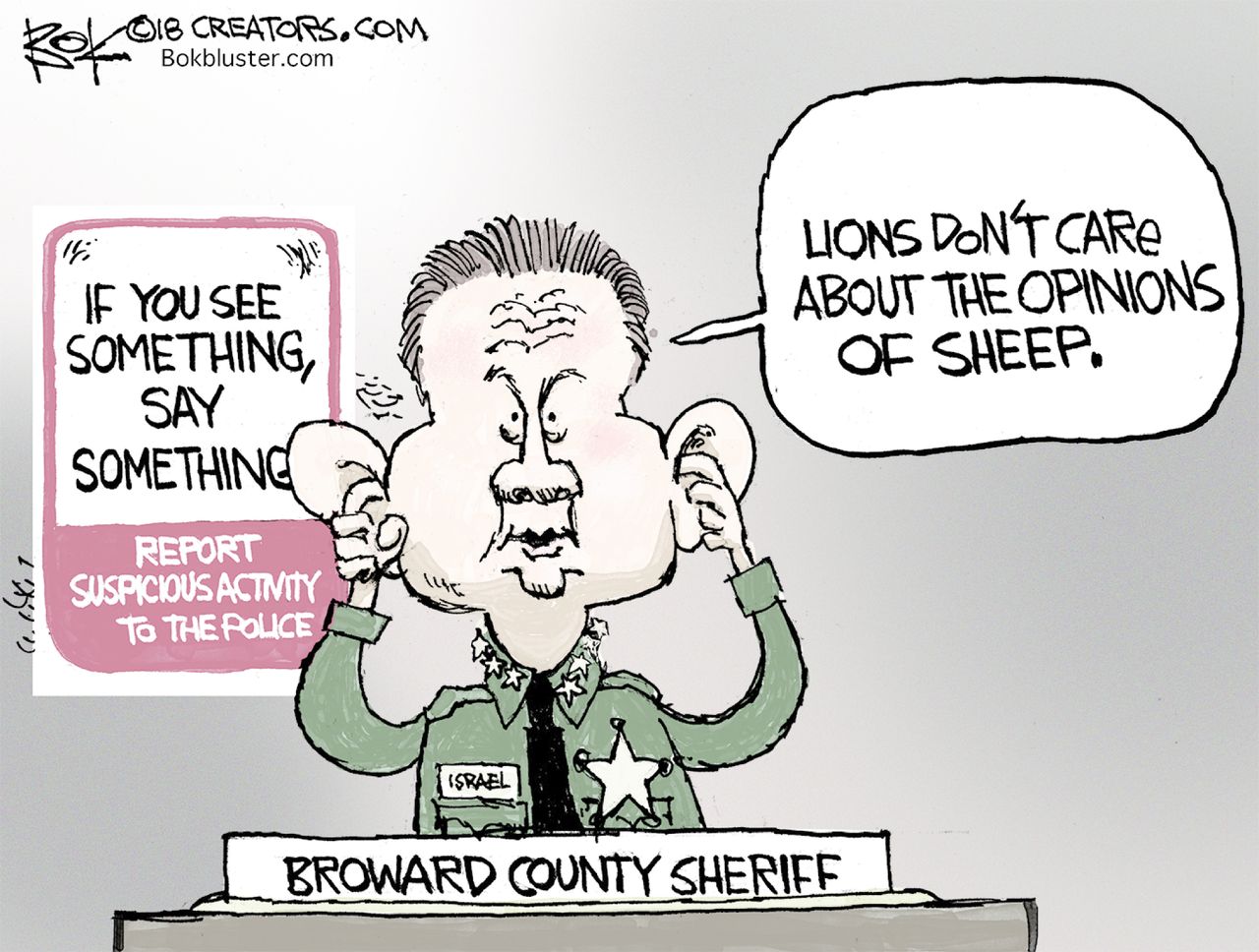 Political cartoon U.S. Parkland shooting Scott Israel Broward County Sheriff red flag