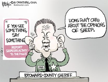 Political cartoon U.S. Parkland shooting Scott Israel Broward County Sheriff red flag