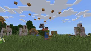 Screenshots of A Minecraft Movie showing character launching potatoes from a weapon