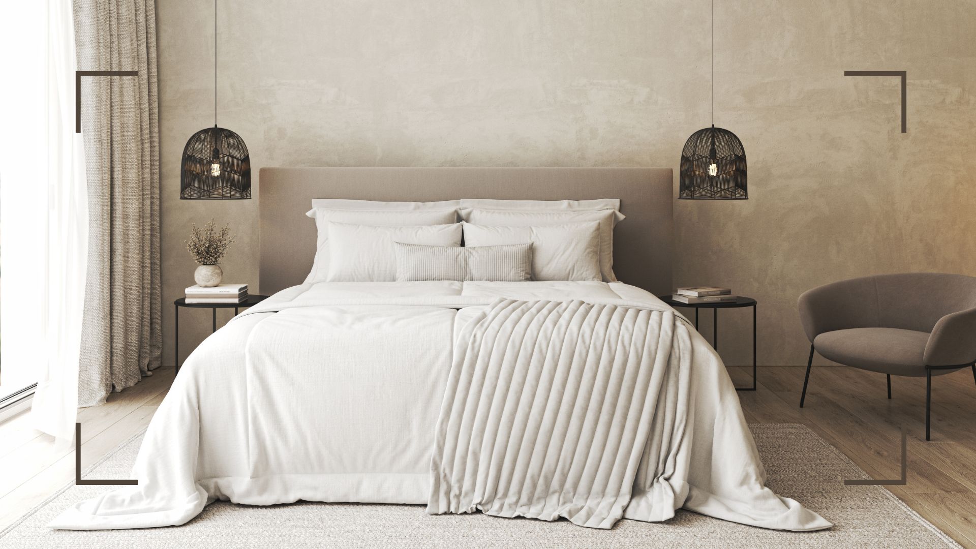 picture of japandi bedroom with neutral bedding