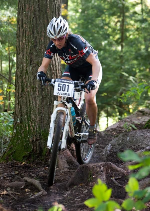 WORS elite women's eries leader Abby Strigel (Trek Stores of Madison) navigates the northwoods singletrack at the the WORS Bear Paw Rock N' Roll.