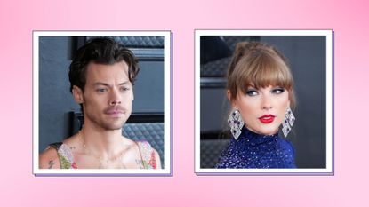 Harry Styles and Taylor Swift pictured at the Grammy 2023 /in a pink and purple two-picture template