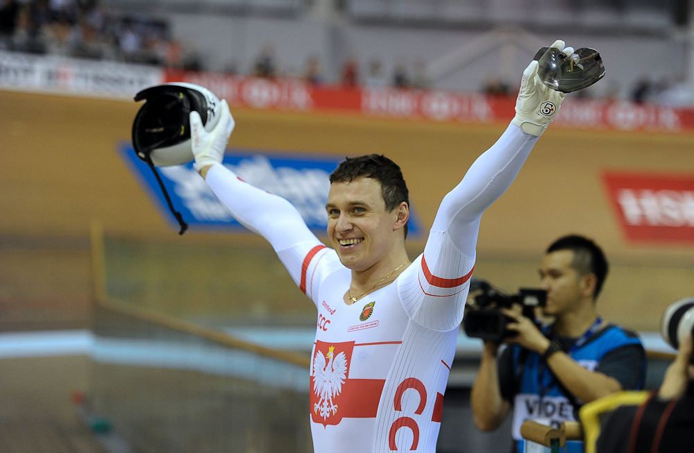 Poland's Kamil Kuczynski celebrates his victory in the men's Sprint Final event during the UCI Track Cycling World Cup at the Sir Chris Hoy Velodrome in Glasgow, Scotland