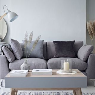 grey themed living room with sofa and cushions