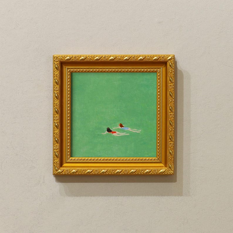 Small Framed Original Art, 5x5 Canvas Artwork, Gift for Friends, Gold Frame Wall Decor, Two Women Swimming
