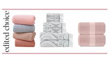 Best bath towels: microfibre towels, patterned grey towels and pink towels stacked