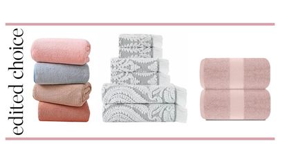 Best bath towels: microfibre towels, patterned grey towels and pink towels stacked
