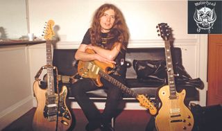 Motörhead’s “Fast” Eddie Clarke relaxes backstage with his guitars in the early Eighties.