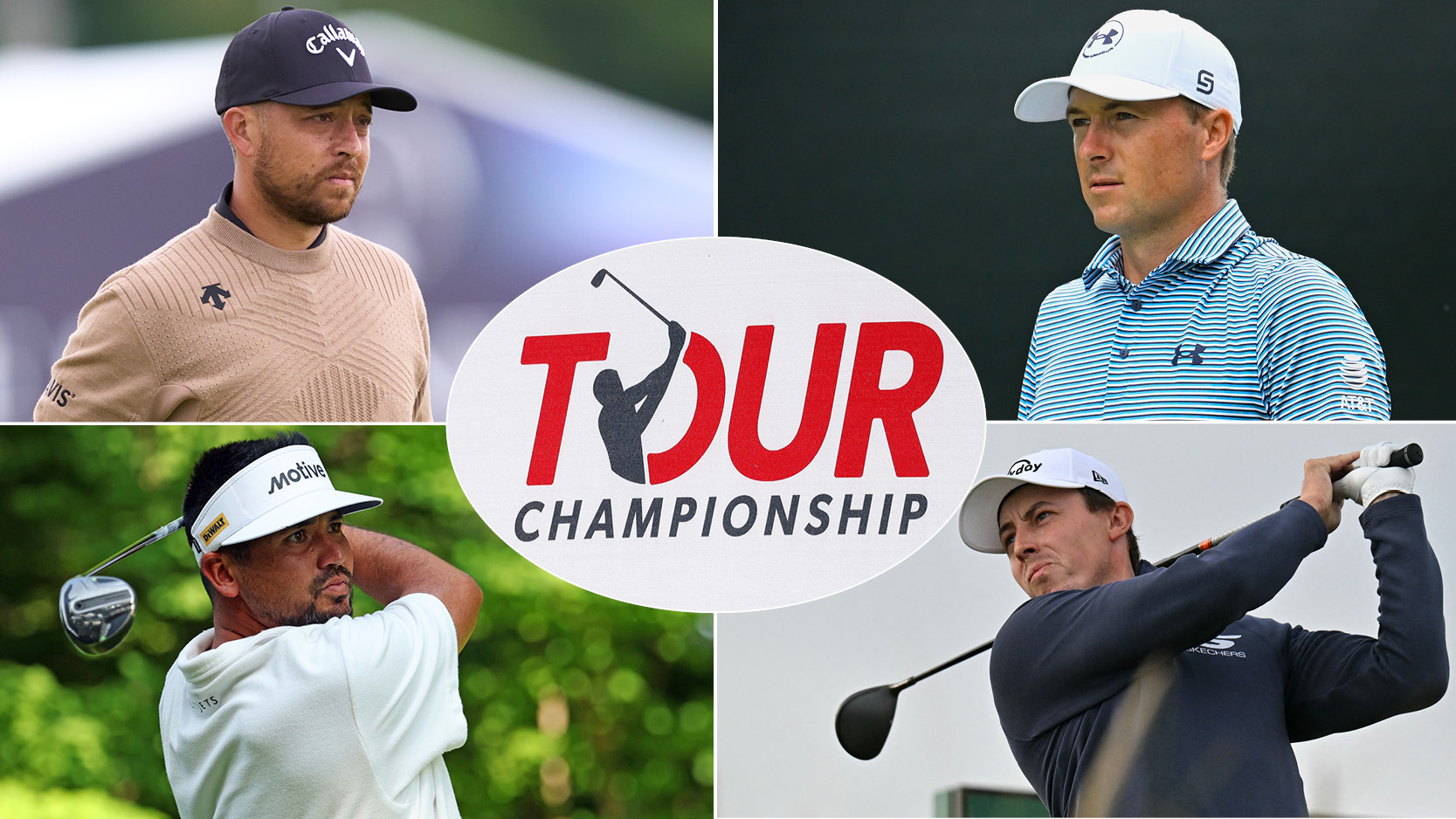 A Tour Championship logo in the middle, with Xander Schauffele, Jordan Spieth, Jason Day and Matt Fitzpatrick around the side