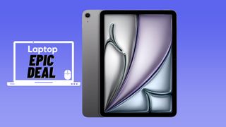 Space gray iPad Air M3 against blue gradient background with epic deal laptop logo.
