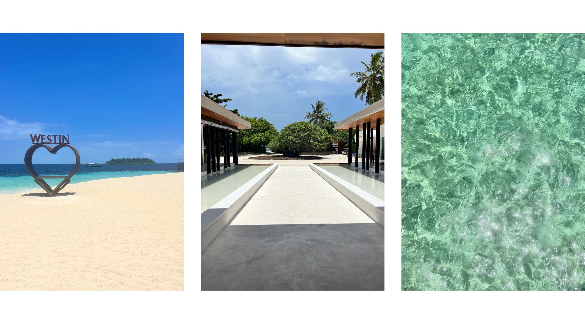 hotel beach with 'Westin' sign, hotel entrance and sparkling water at the The Westin Maldives Miriandhoo