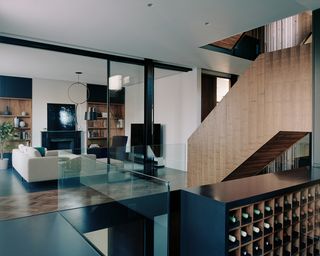 living space with block wooden stairs