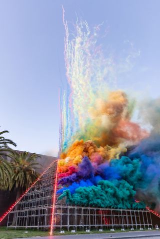 Depiction of a color blast over a structure