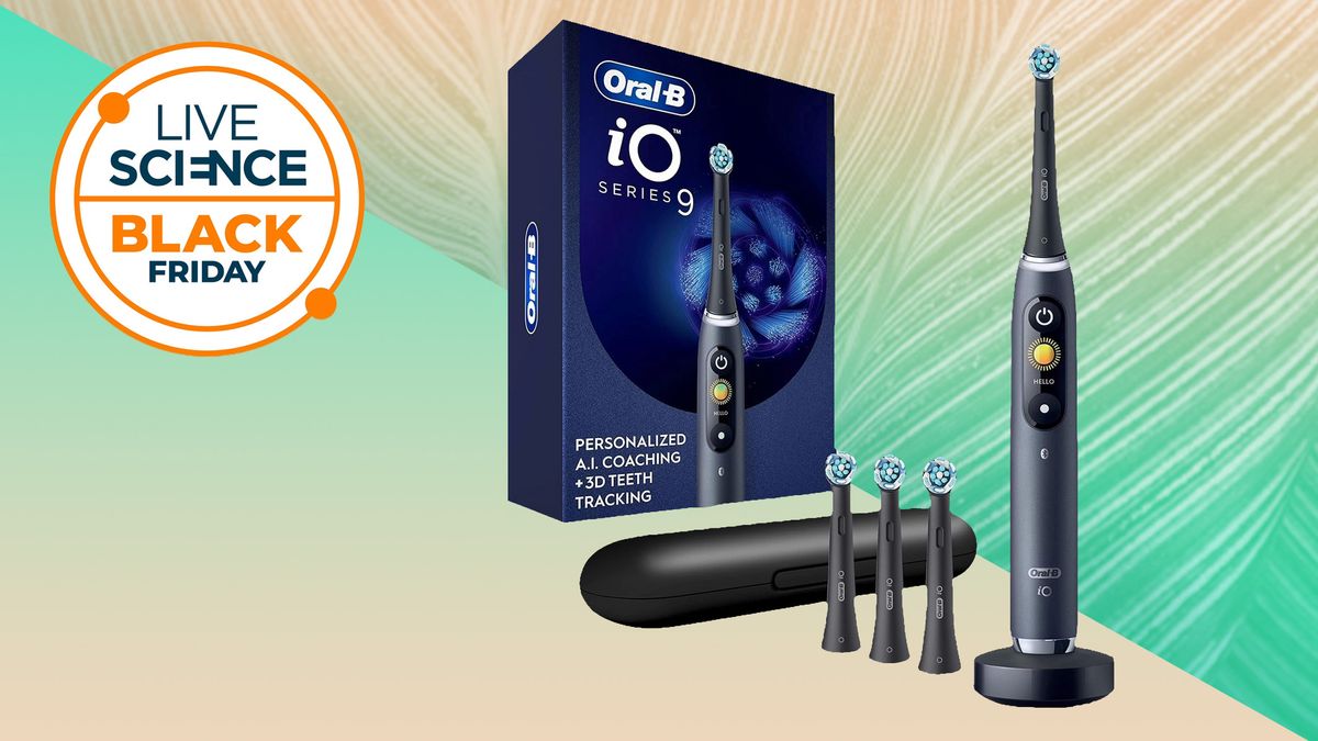 An Oral-B iO Series 9 electronic toothbrush with a LiveScience Black Friday logo. 