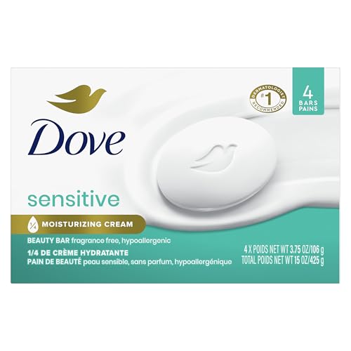 Dove Beauty Bar Soap Sensitive, 4 Bars for Sensitive Skin, Fragrance Free and Hypoallergenic 3.75 Oz