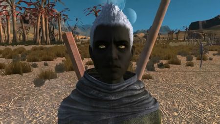 Kenshi character with dark skin and white hair