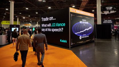 An ad for the prediction platform Kalshi is seen at a conference in Las Vegas.
