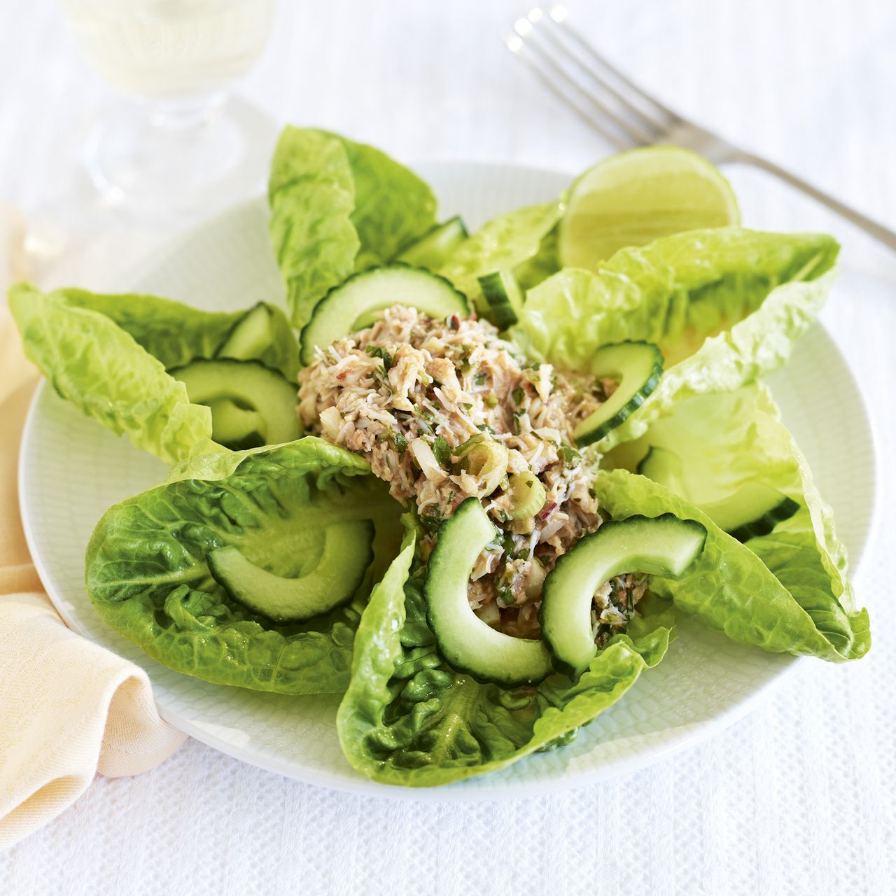 Fresh crab salad with Asian dressing-woman and home