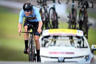 Belgian cyclist Remco Evenepoel pictured in action during the men time trial cycling event a 424 km race on the sixth day of the Tokyo 2020 Olympic Games in Tokyo Japan on Wednesday 28 July 2021 The postponed 2020 Summer Olympics are taking place from 23 July to 8 August 2021 BELGA PHOTO JASPER JACOBS Photo by JASPER JACOBSBELGA MAGAFP via Getty Images