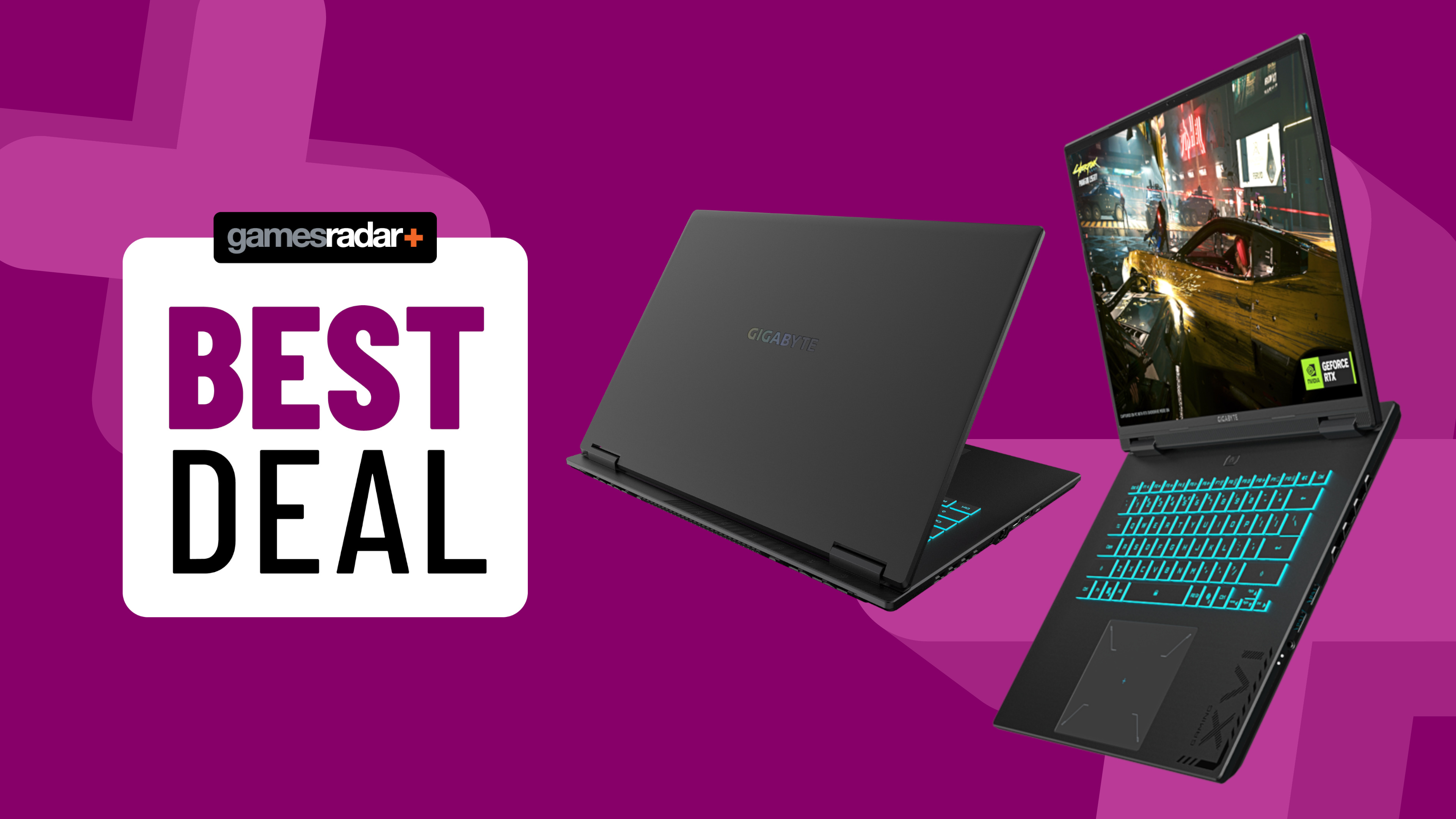 Gigabyte A16 Pro gaming laptop on a purple background with best deal badge