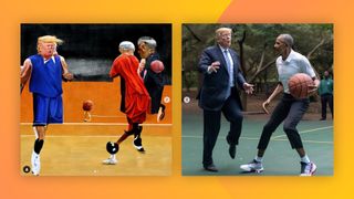 Two AI-generated images of Donald Trump playing basketball with Barack Obama