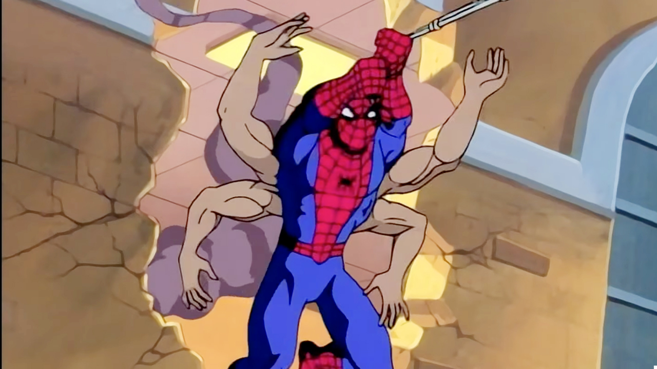 The Man-Spider transformation as it was depicted in the Spider-Man The Animated Series.