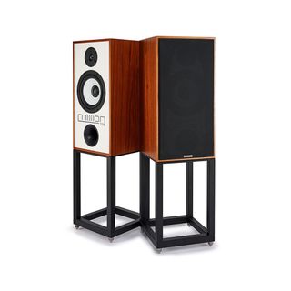 Mission 770 speakers with stands on white background