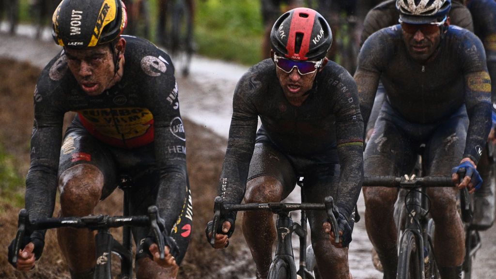 Jumbo Visma Wout Van Aert from Belgium L leads the pack during the 118th edition of the ParisRoubaix oneday classic cycling race between Compiegne and Roubaix northern France on October 3 2021 Photo by AnneChristine POUJOULAT AFP Photo by ANNECHRISTINE POUJOULATAFP via Getty Images