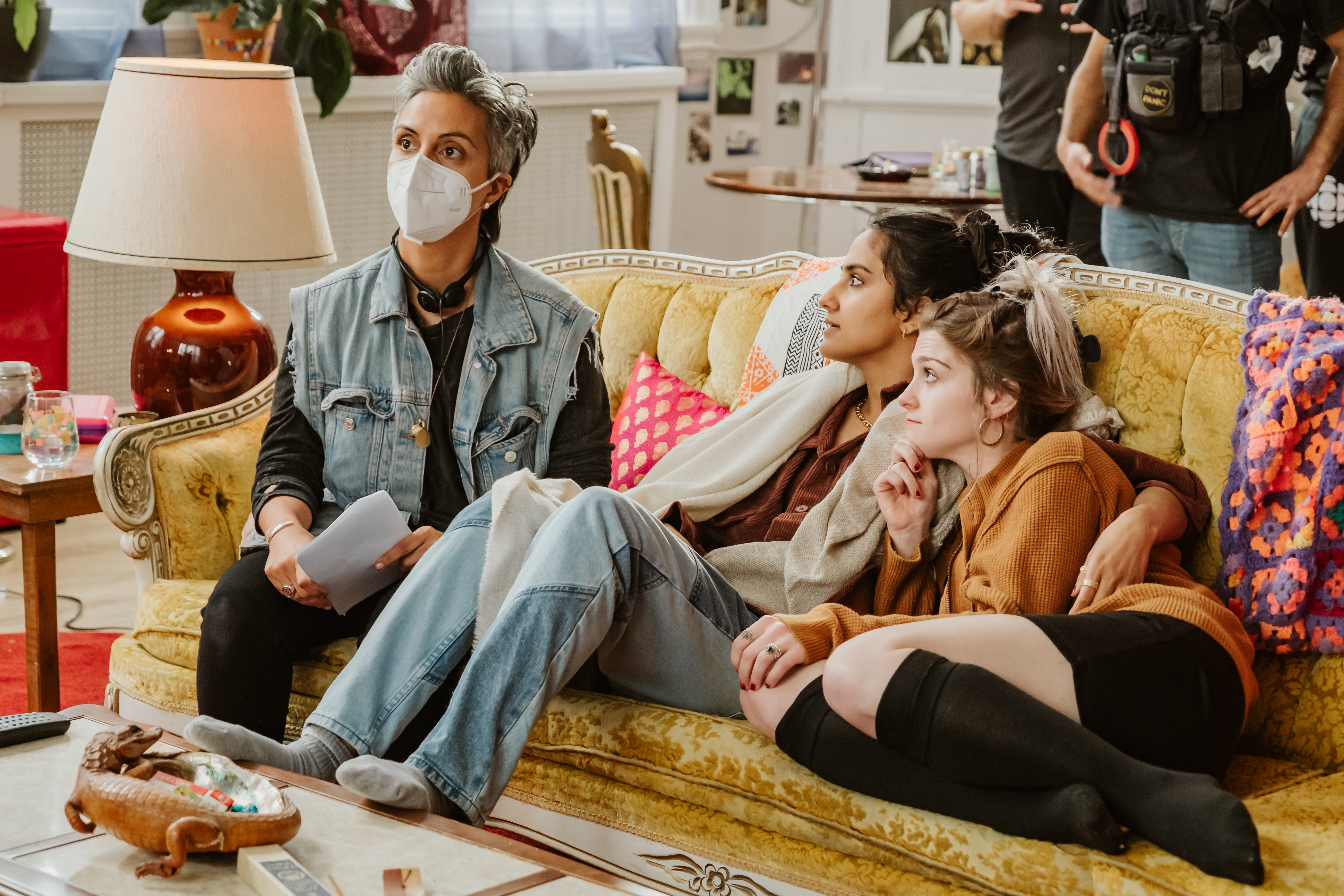 filmmaker Fawzia Mirza directs amrit kaur and kaya mosley in a behind the scenes photo of the movie the queen of my dreams