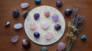 Astrology 2023: Gemstones for zodiac signs, amethysts and rose quartz on the zodiac chart. Predictions, witchcraft, spiritual esoteric practice.