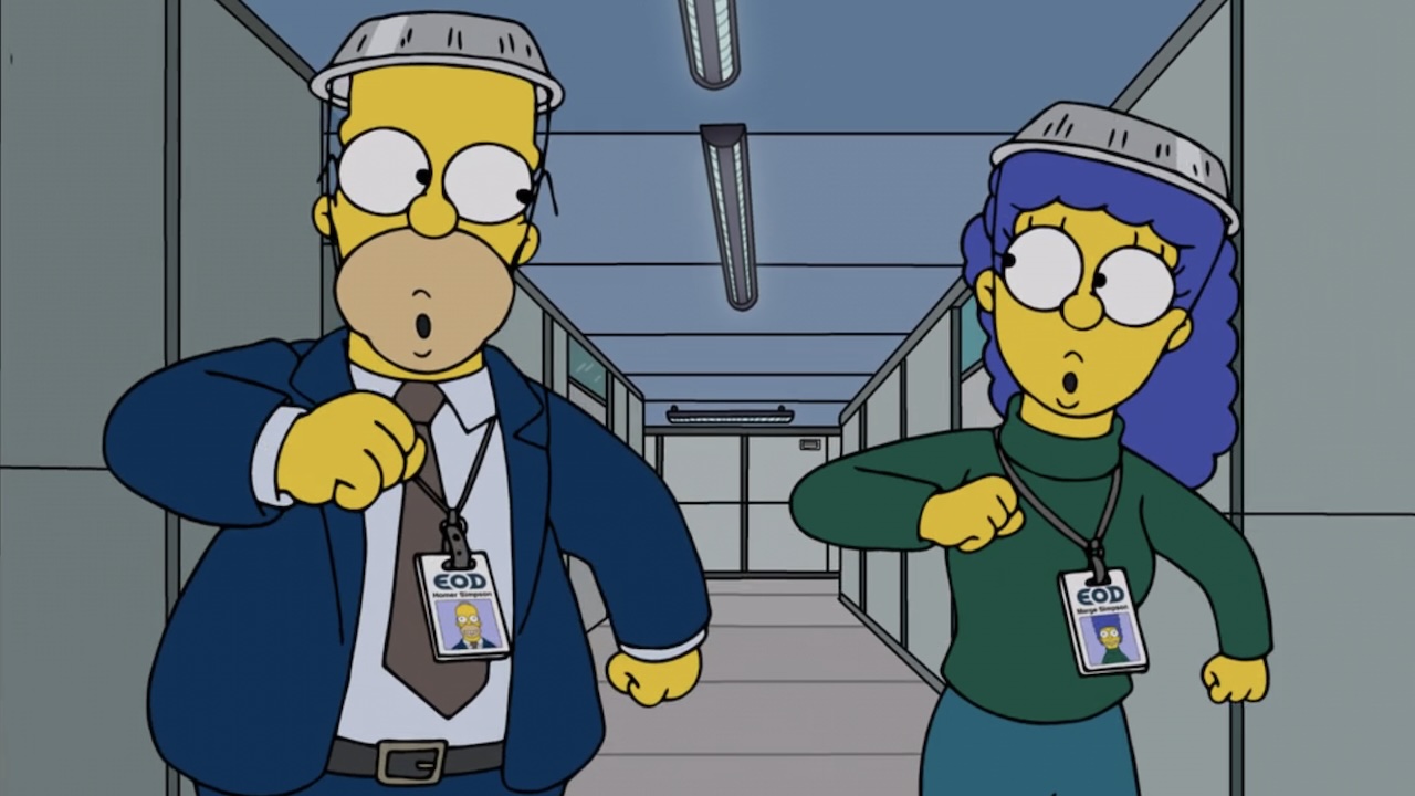 Homer and Marge resembling Mark S and Helly R in The Simpsons "Seperance" Severance spoof