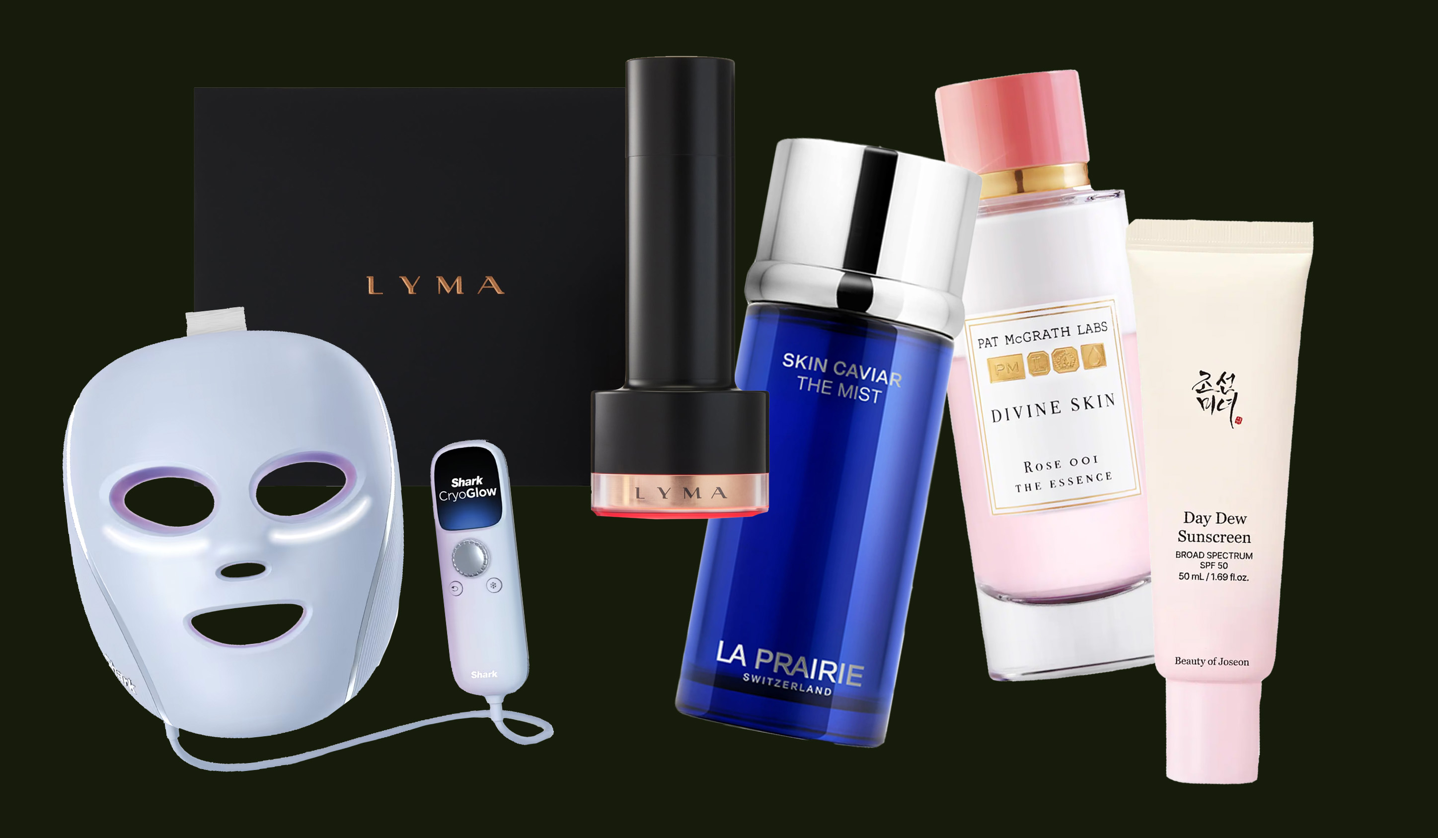 collage of face mask, serum, toner, and cream