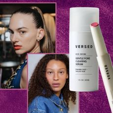 versed products on a purple backgorund next to models